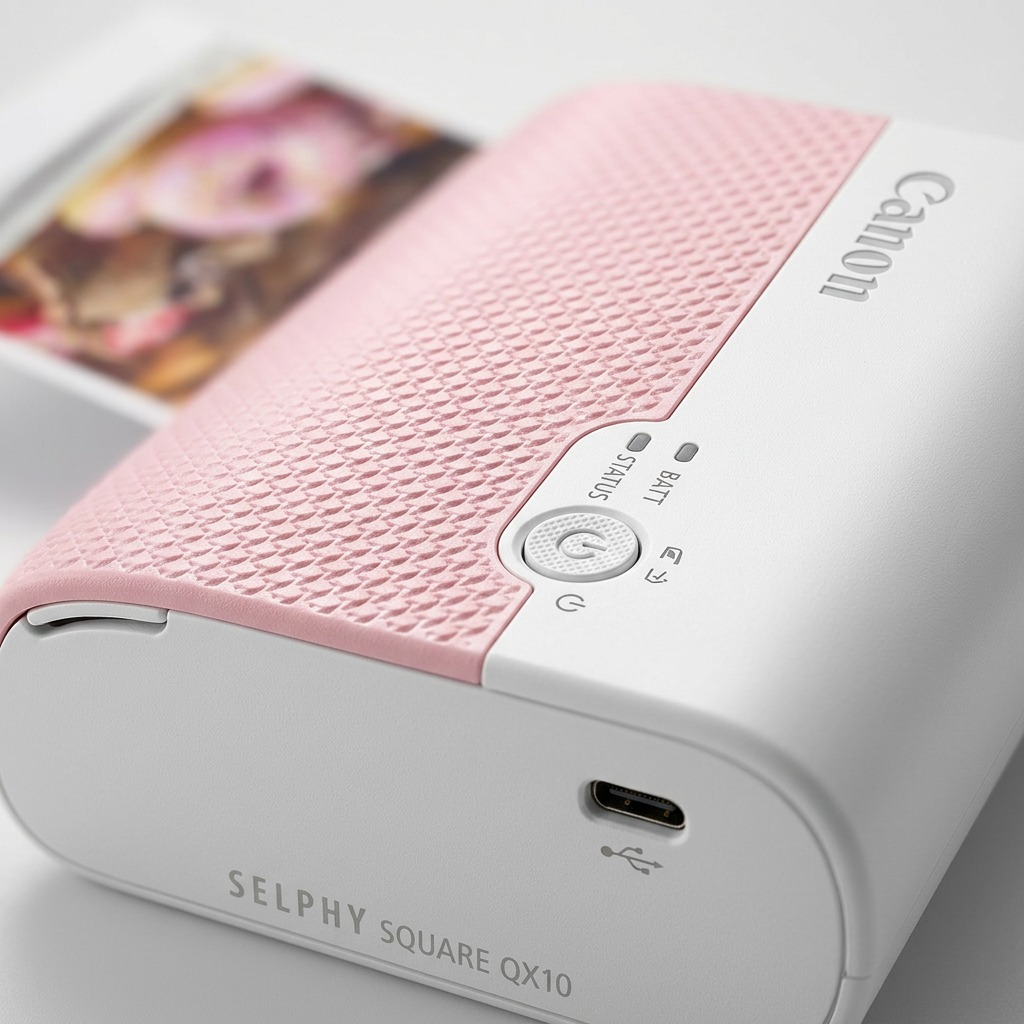 Macro shot of pink SELPHY QX10 printer, highlighting control buttons, charging port and textured surface.