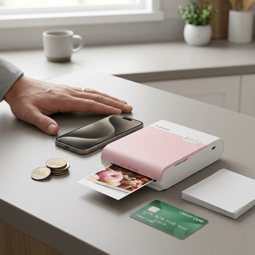 Canon SELPHY Square QX10 pink printer shown next to a smartphone and hand for scale.