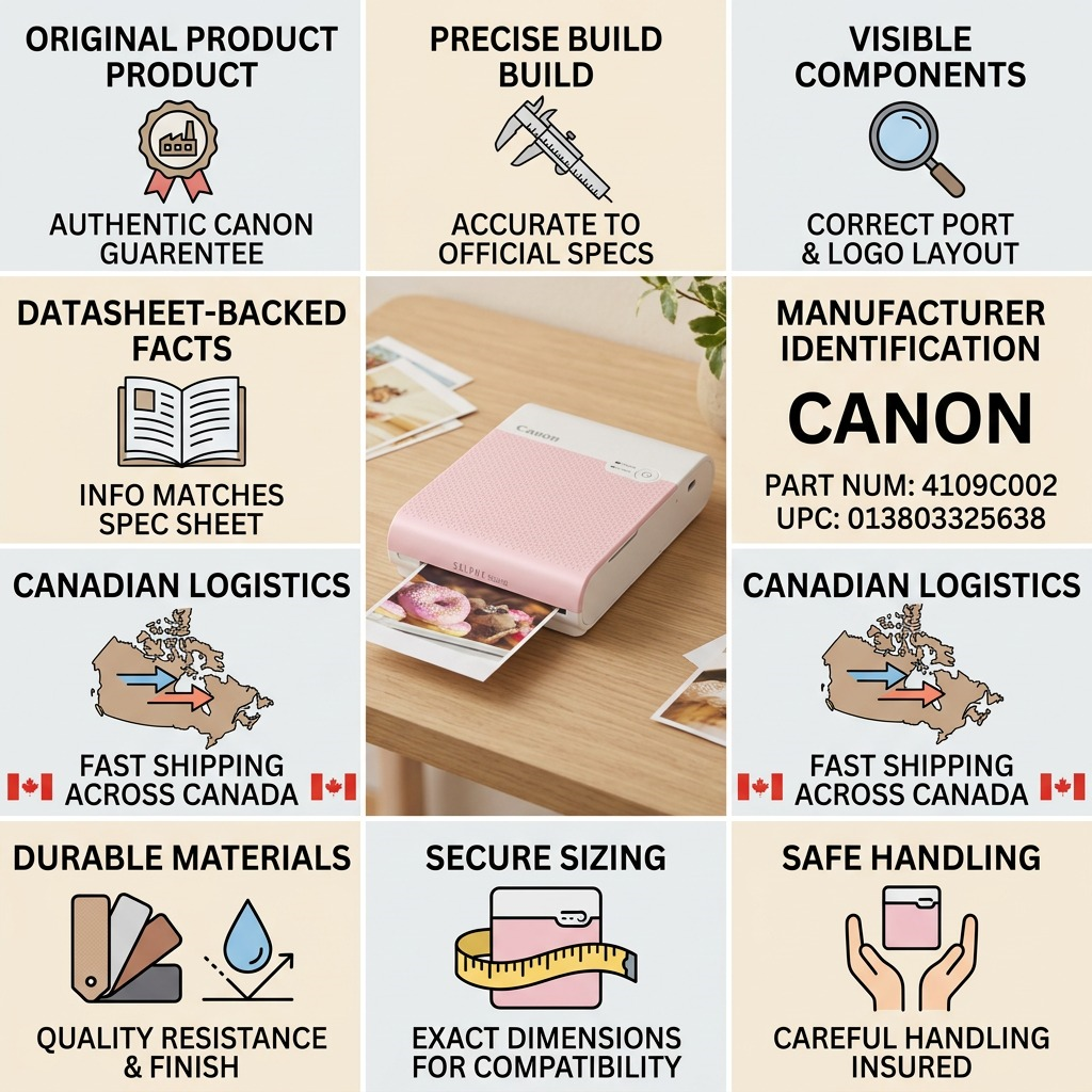 Trust and authority infographic matrix for a pink Canon SELPHY Square printer, featuring product facts, Canadian shipping, and authentic dimensions.