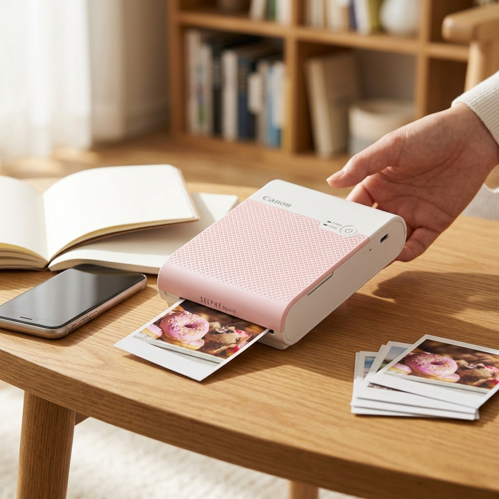 A close-up shot of the Canon SELPHY Square QX10 pink photo printer, placed on a wooden table, printing a square donut photo, alongside a smartphone.