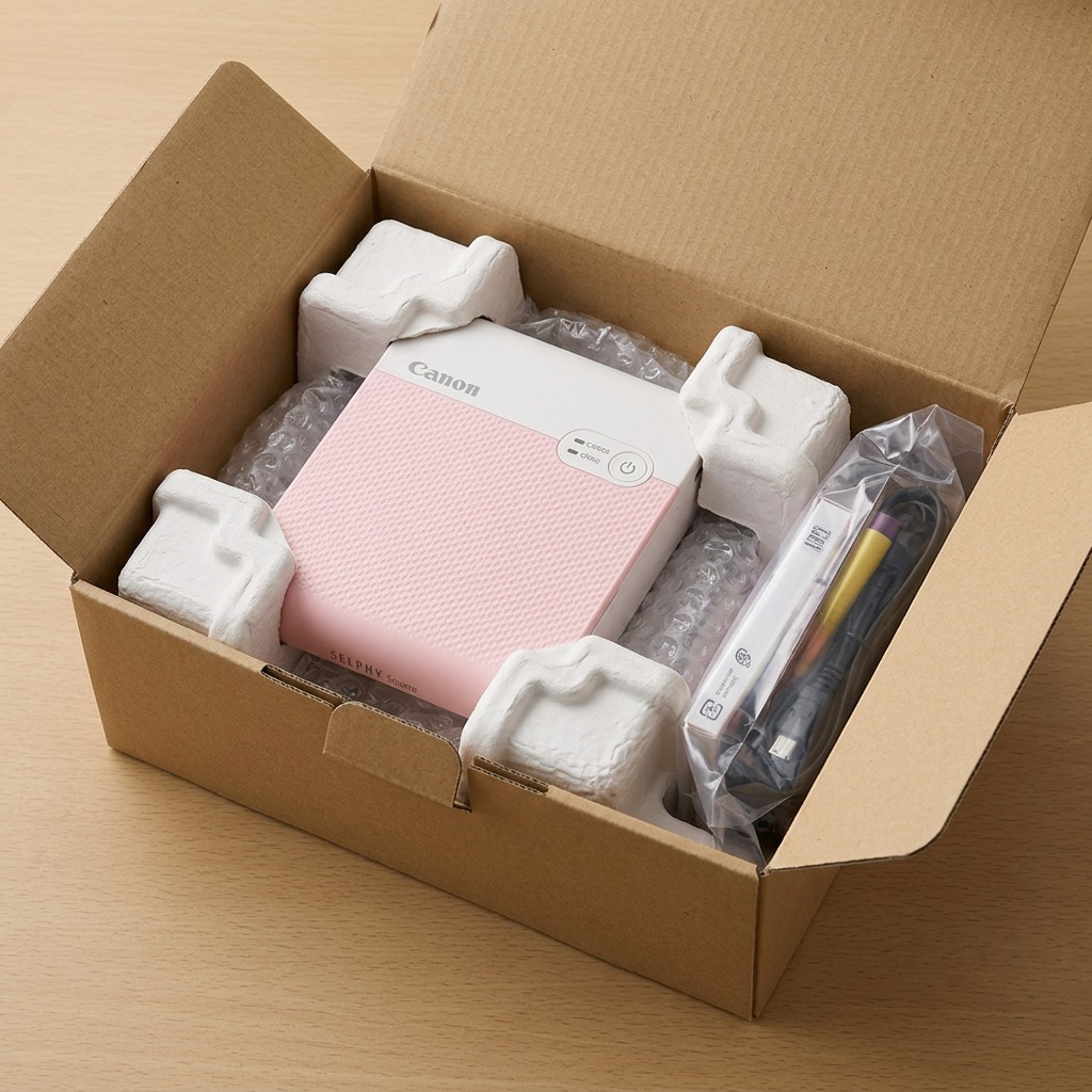 A visual of the Canon SELPHY Square QX10 printer in a protected shipping scenario, ensuring safe unboxing.