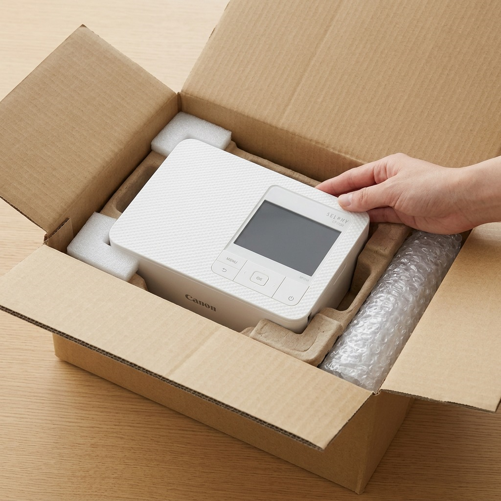 A white Canon SELPHY CP1500 printer is depicted safely embedded within molded protective cardboard packaging inside a neutral corrugated shipping box. The unboxing scene conveys secure transport and careful handling.