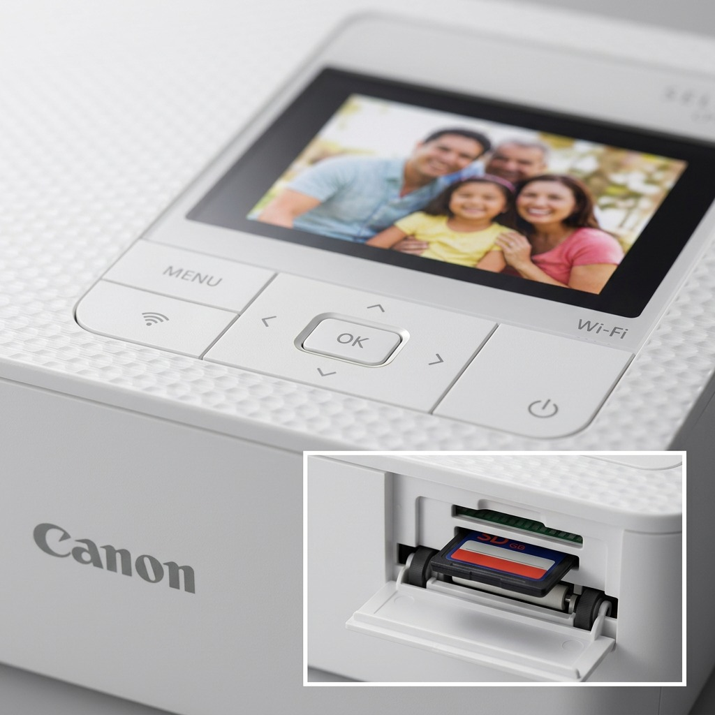 An extreme close-up view focusing on the Canon SELPHY CP1500 white printer's detailed textured surface, control buttons, and clear color screen.