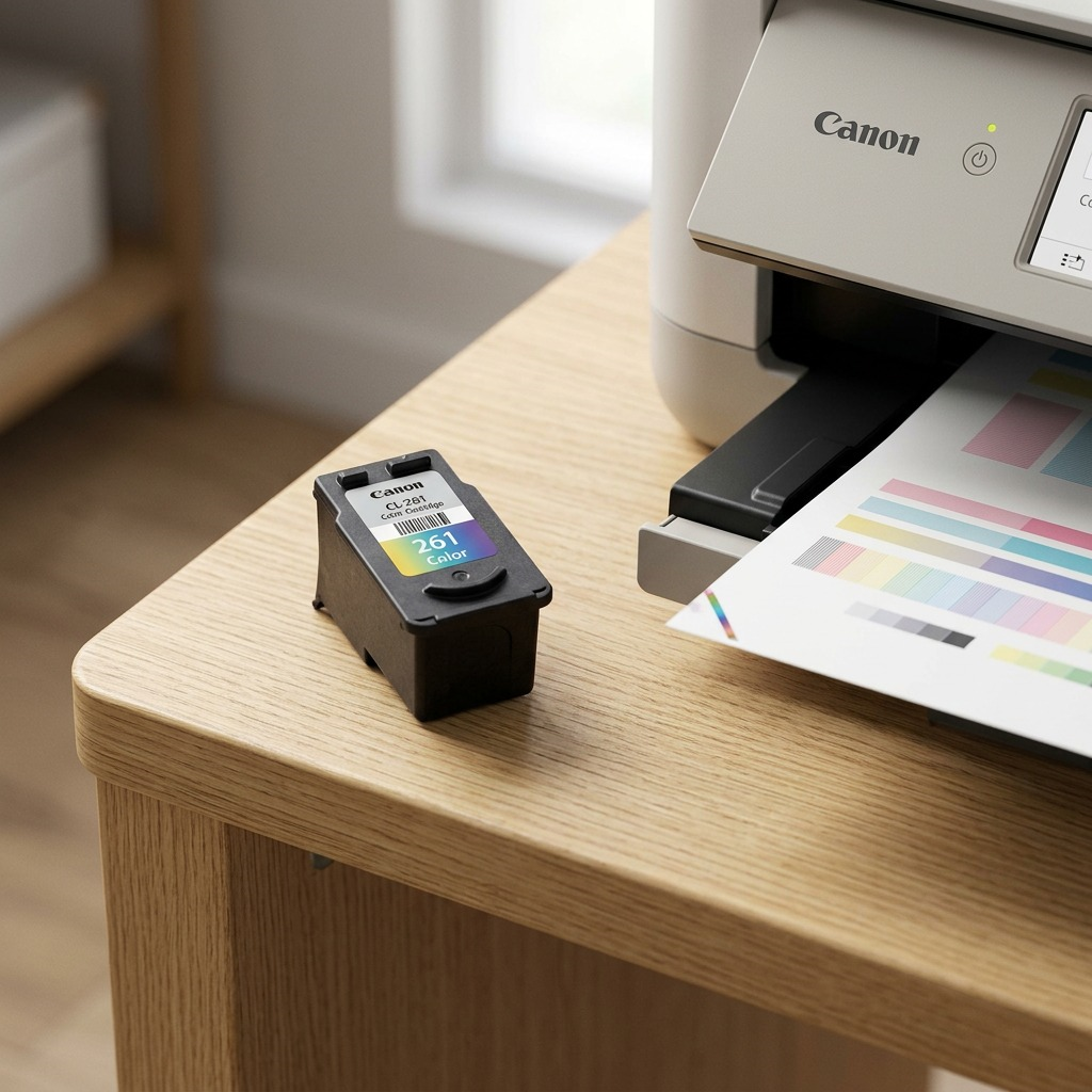 A standalone Canon CL-261 color ink cartridge rests on a sunlit oak desk next to a PIXMA printer.