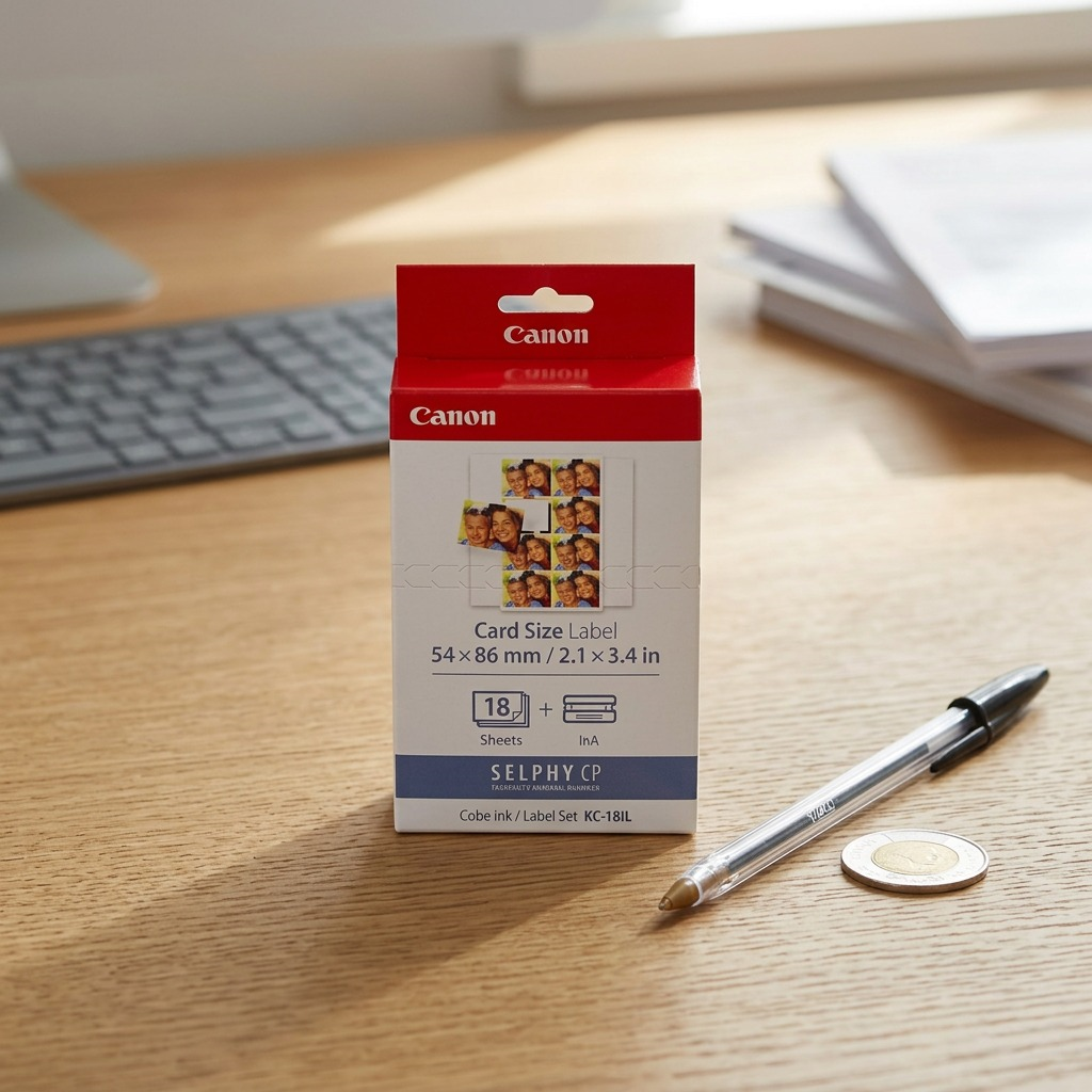 A Canon Ink & Label Set KC-18IL box shown next to a common BIC pen and a coin for size comparison on a clean desk.