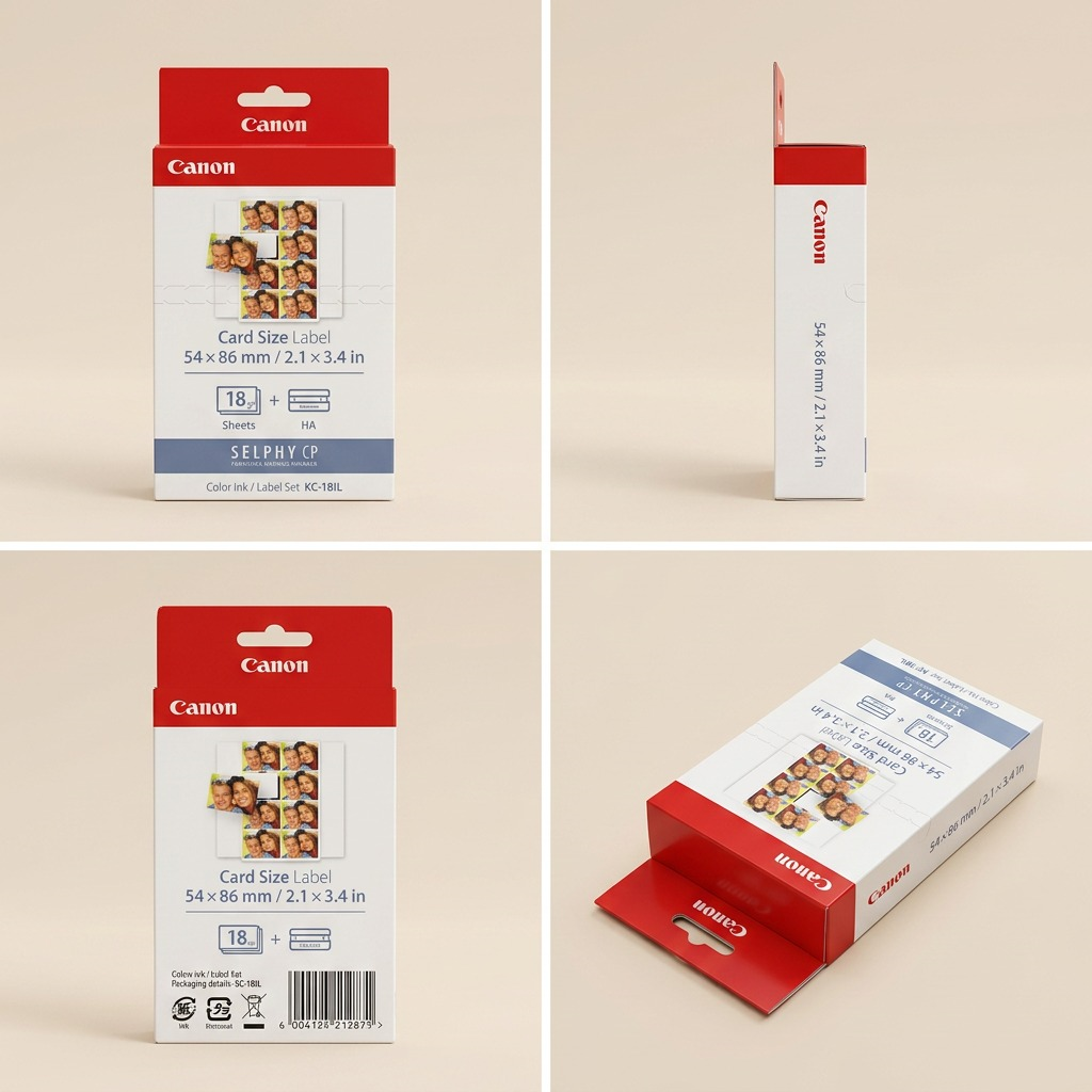 A visual matrix showing a single retail box of Canon KC-18IL Ink & Label Set from four different views against a light beige background.