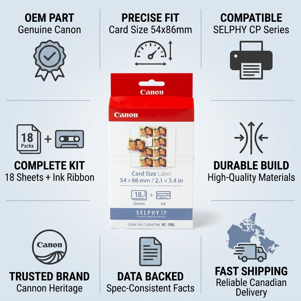 An authoritative ecommerce infographic matrix featuring the Canon KC-18IL Card Size Ink & Label Set.