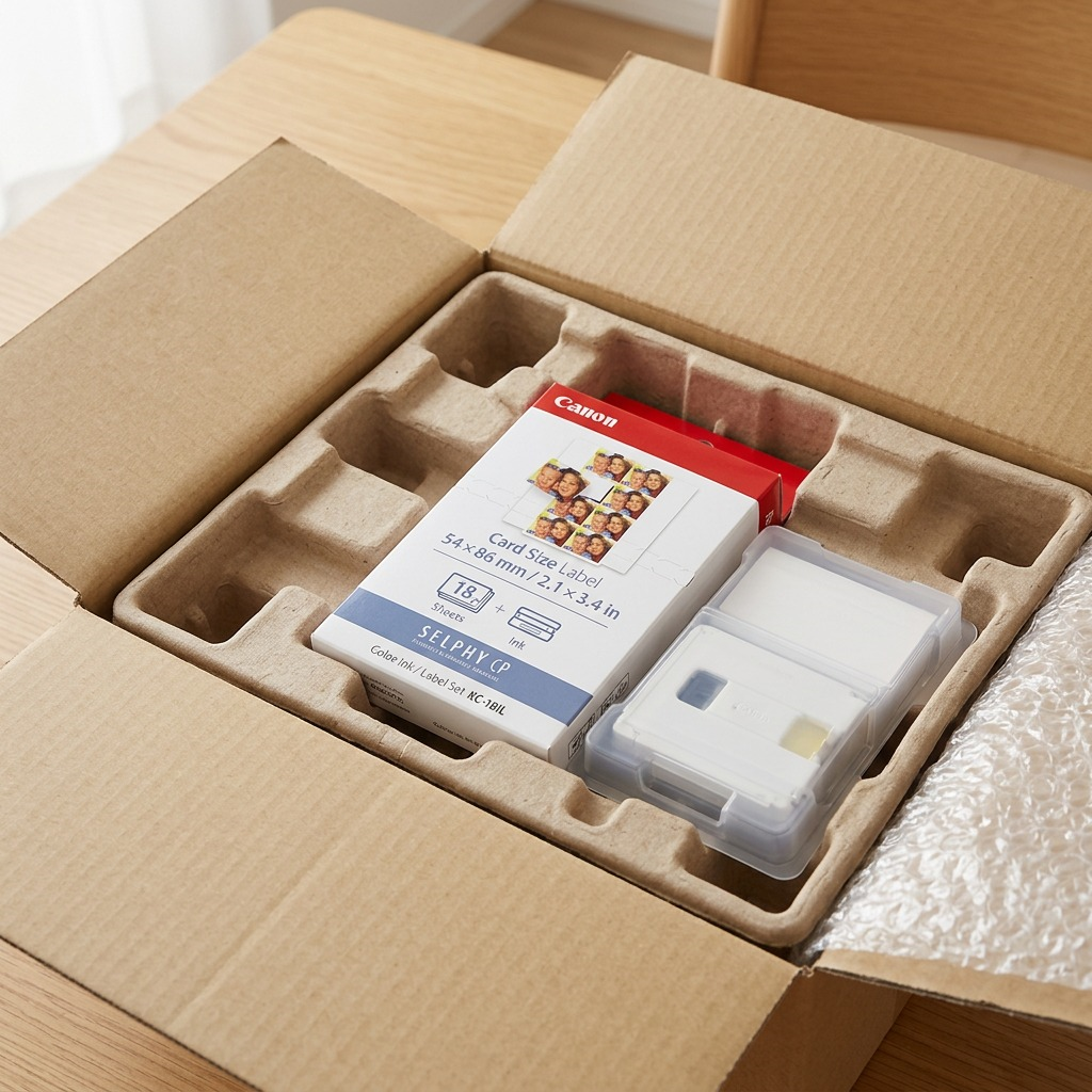 A close-up photograph of the Canon Ink & Label Set KC-18IL in its retail box, securely nestled within a sturdy, bubble-wrapped shipping carton.