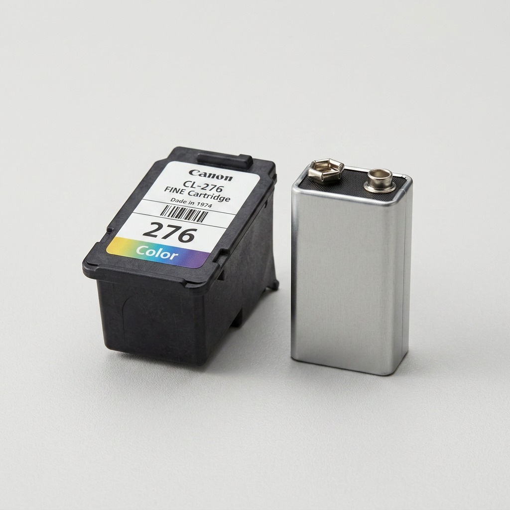 A photographic scale reference of Canon CL-276 color ink cartridge beside a 9-volt battery.