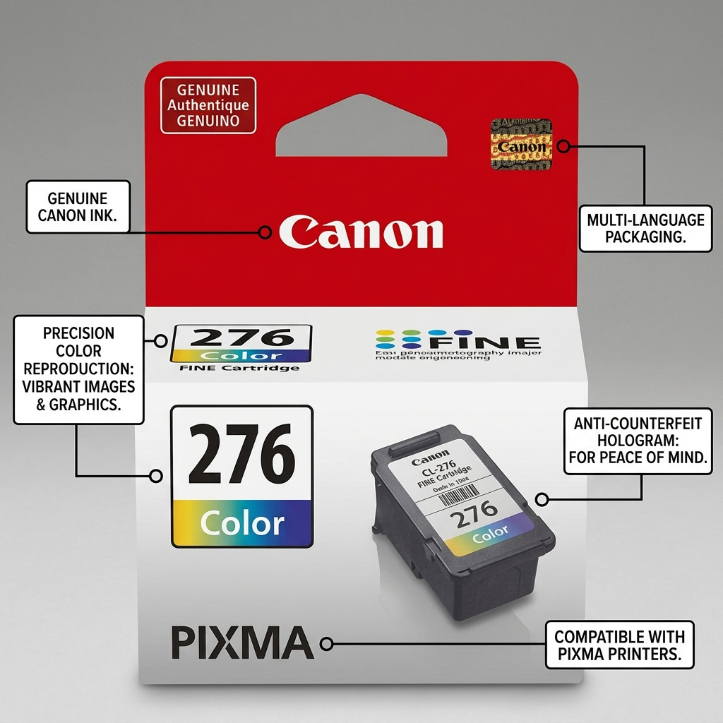 Canon CL-276 ink cartridge in box with callouts: genuine ink, FINE compatibility, anti-counterfeit hologram, multi-language packaging.