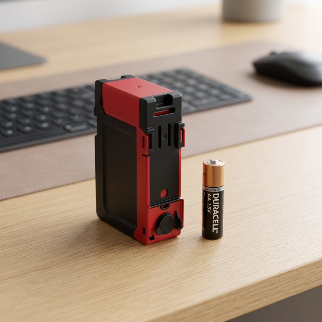A photograph of the Canon PFI-4100 Red ink tank (as seen in image_0.png) shown to scale next to a standard AA battery on a light wooden desk, demonstrating its 80ml tank size.