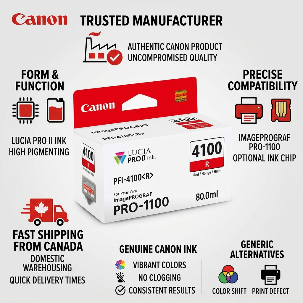 Trusted quality infographic for Canon PFI-4100 Red ink, detailing Canadian shipping, compatibility, and results.