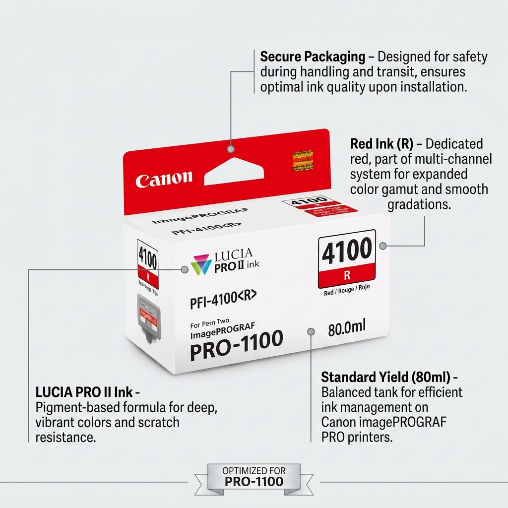 A product feature infographic illustrating key performance benefits of the Canon PFI-4100 Red Ink Tank.