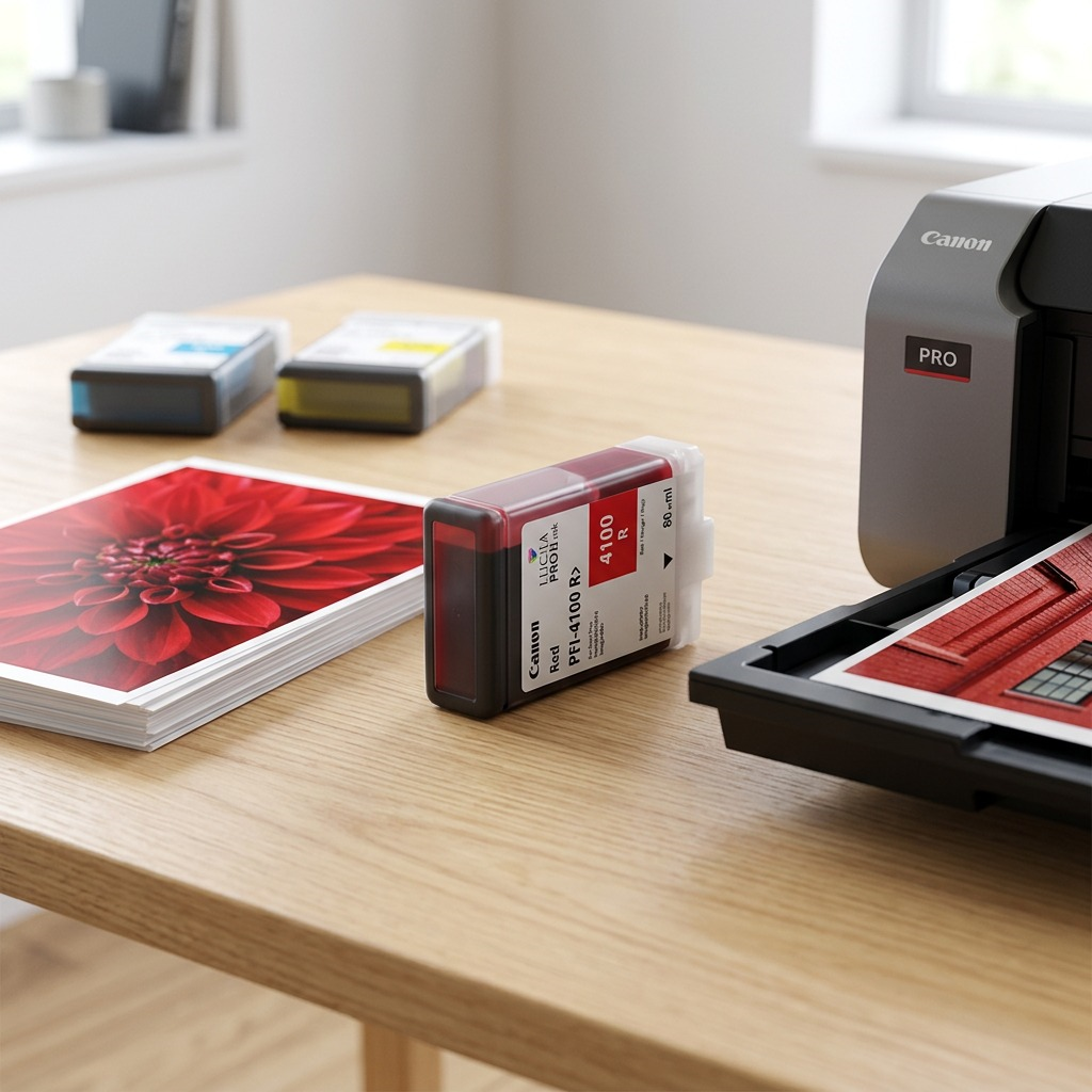Canon LUCIA PRO II PFI-4100Red Ink Tank is shown next to an imagePROGRAF PRO-1100 printer.