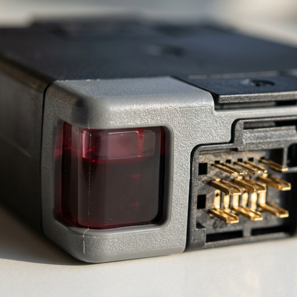 A macro inspection of the Canon PFI-4100 Red ink tank, showing the red ink viewing window and complex contact pins.