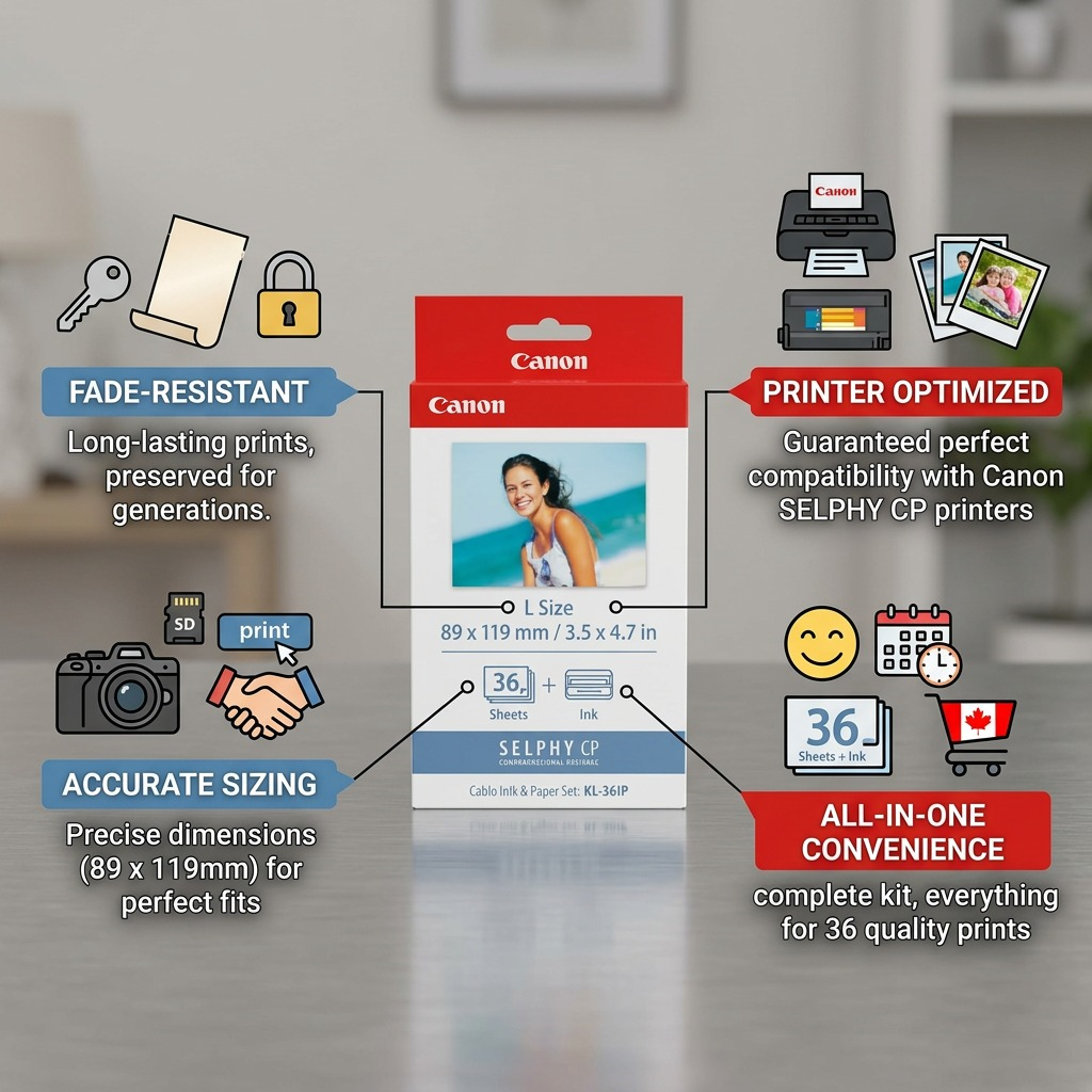 A graphical feature callout for the Canon KL-36IP ink/paper set, highlighting key technical benefits for consumers.