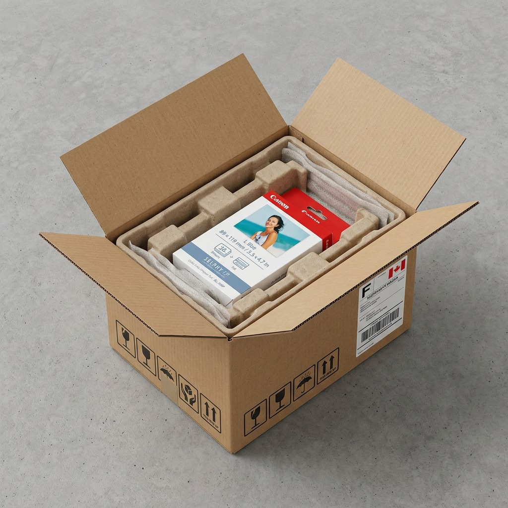 A secure, protective shipment box is partially opened to reveal the Canon KL-36IP ink and paper set.