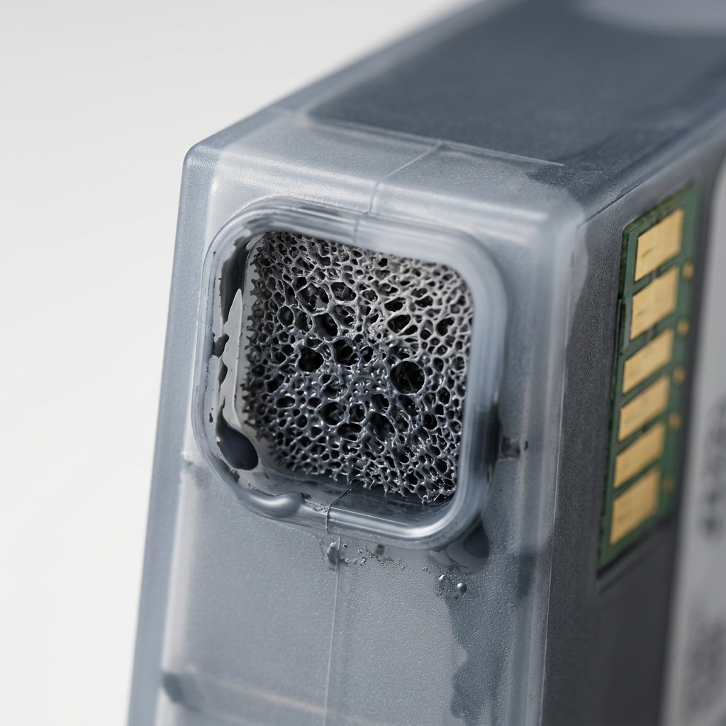 Macro shot focusing on the mesh filter and deep grey ink of a Canon CLI-221 Grey Ink tank.