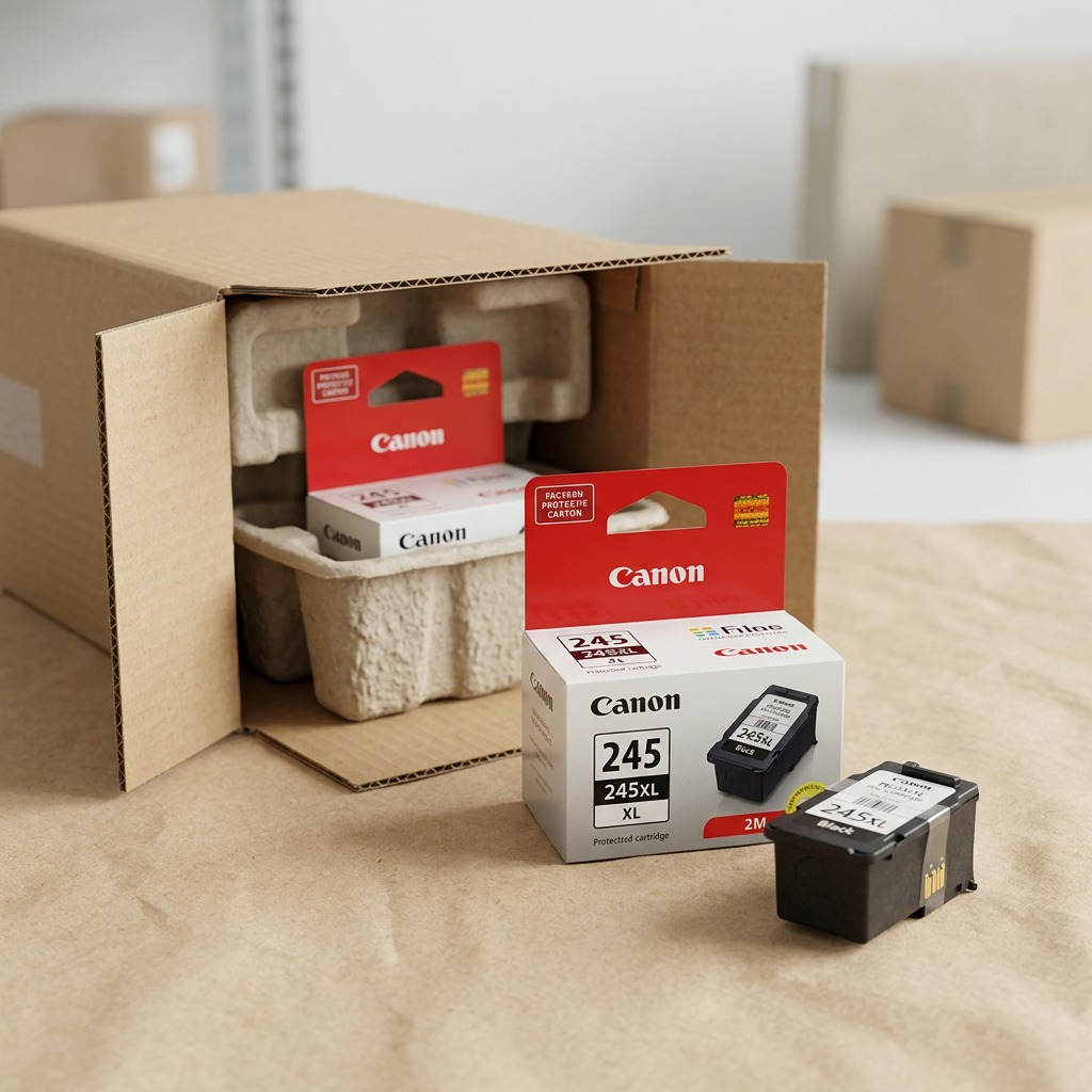 Canon PG-245XL Black Ink Cartridge securely placed on unboxing brown packing paper.