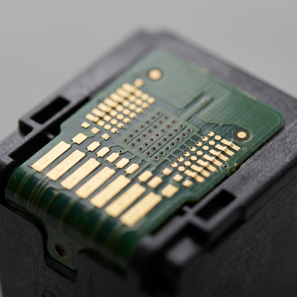 An extreme macro photograph of the Canon PG-245XL ink cartridge nozzle plate and gold contact grid.