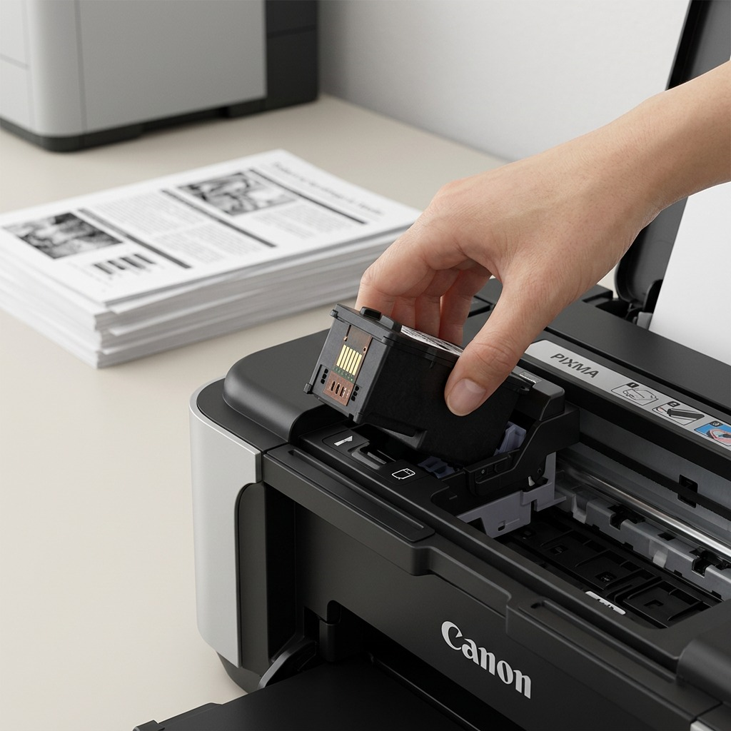 A close-up photograph of a Canon PG-245XL Black ink cartridge installed in a printer carriage.