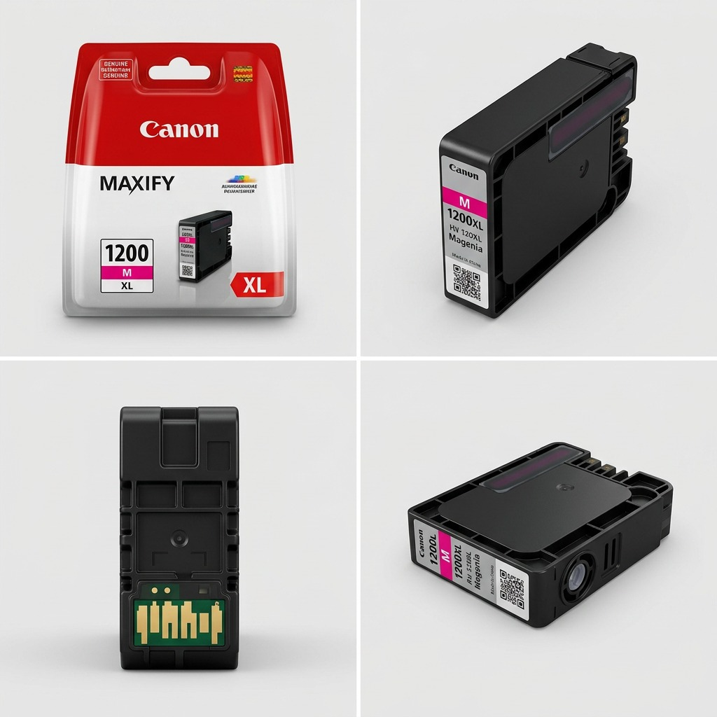 An ecommerce grid displaying one Canon PGI-1200XL magenta ink tank from three different orientations.