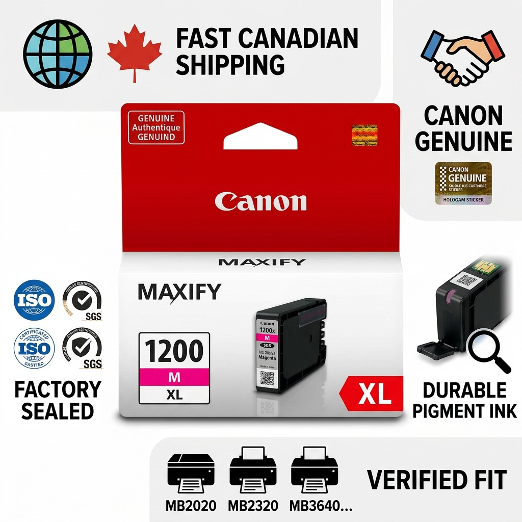 An infographic centered on the Canon PGI-1200XL Magenta Ink Tank packaging with surrounding trust icons including 'FAST CANADIAN SHIPPING', 'CANON GENUINE', 'DURABLE PIGMENT INK', 'FACTORY SEALED' with ISO logos, and a 'VERIFIED FIT' list for printer models MB2020 and MB2320.