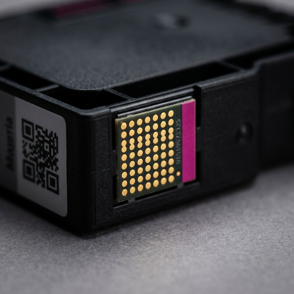 Extreme macro view of the CANON PGI-1200XL magenta ink cartridge's smart chip interface and gold-plated electrical contact points on textured black plastic.