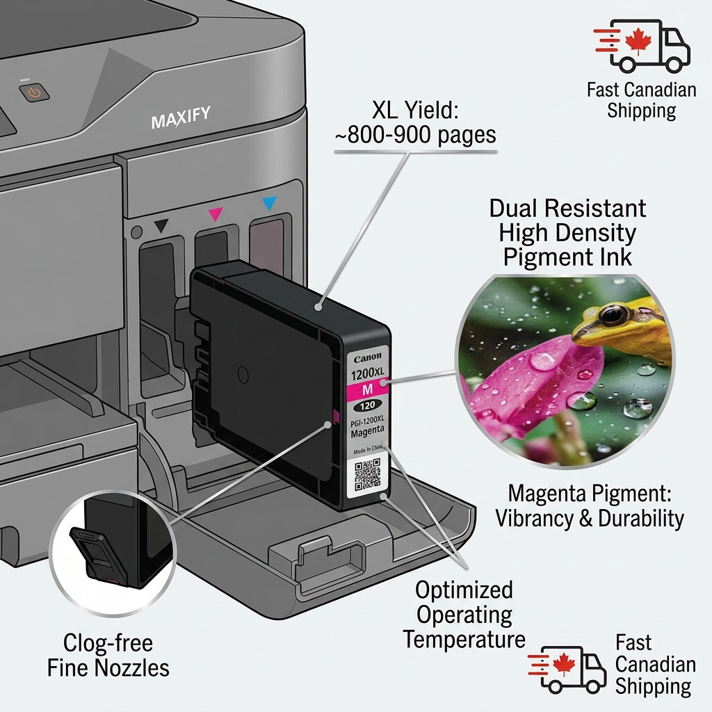 Ecommerce graphic for Canon PGI-1200XL Magenta Ink showing cartridge with pointers: "XL Yield: 800-900 pages," "Dual Resistant High Density Ink," "Clog-free Nozzles," "Magenta Pigment Color," and "Optimal Printing Temp." Includes fast Canadian shipping icon.