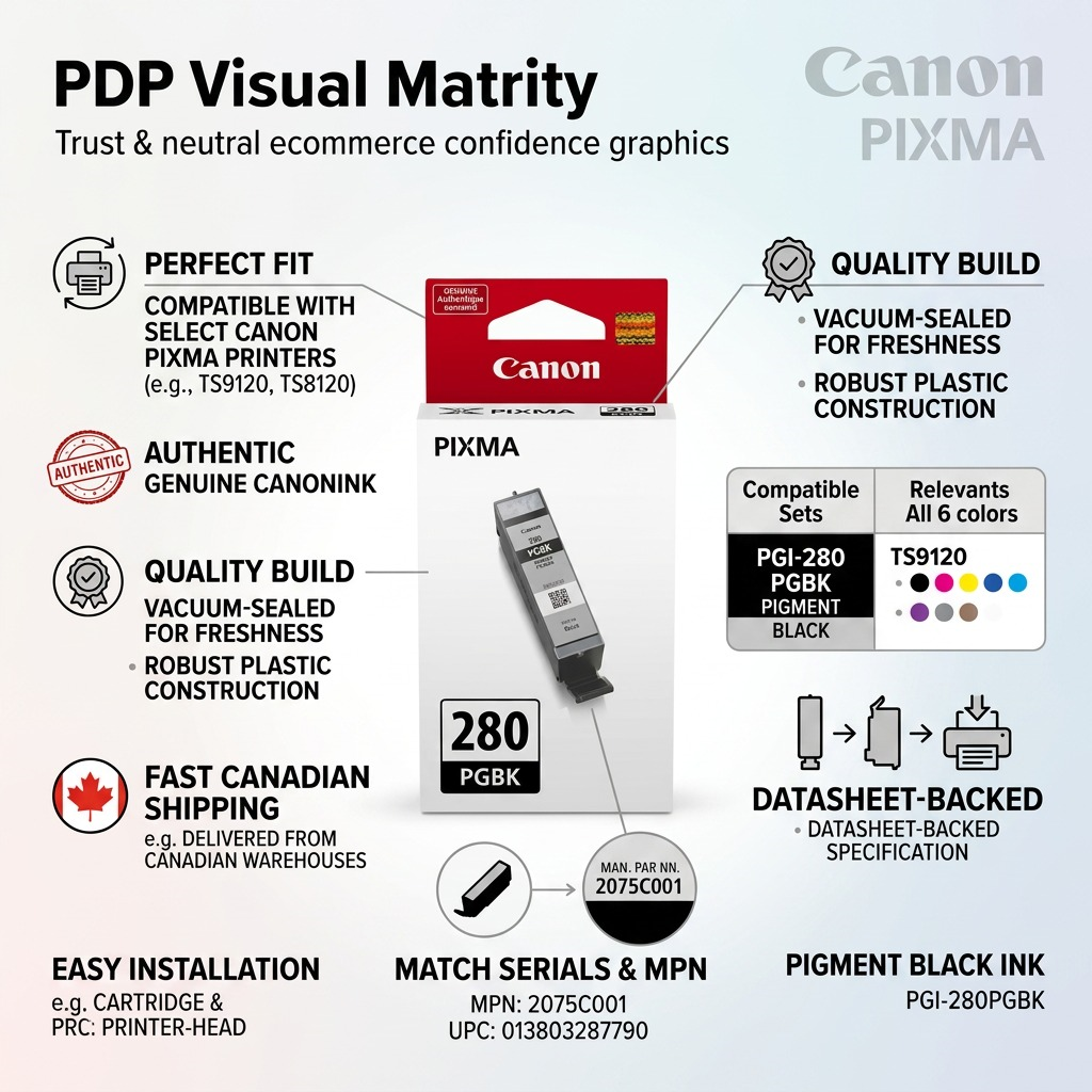 Cannon PGI-280 Black infographic with specific factual icons and text points.