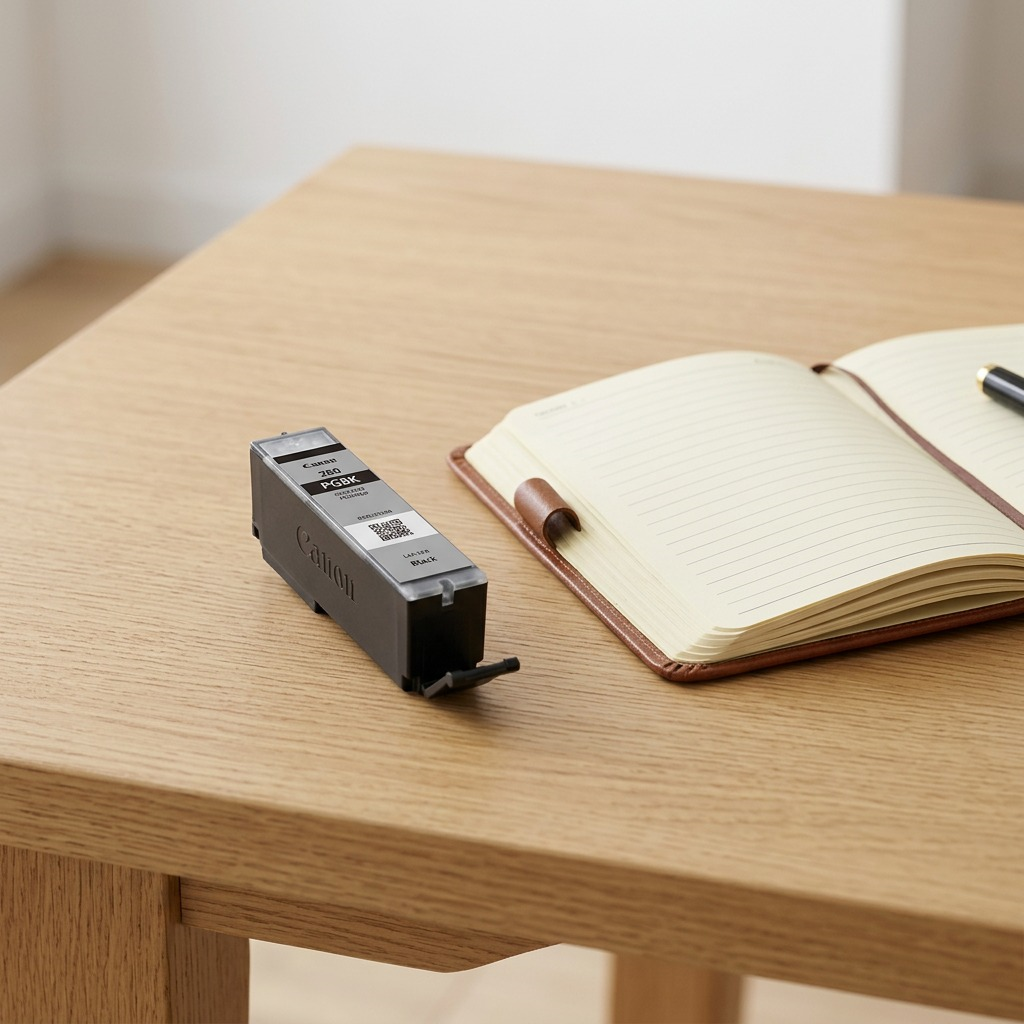 Scale comparison of a single Canon PGI-280 Black Ink Cartridge beside an open journal on a wooden desk.