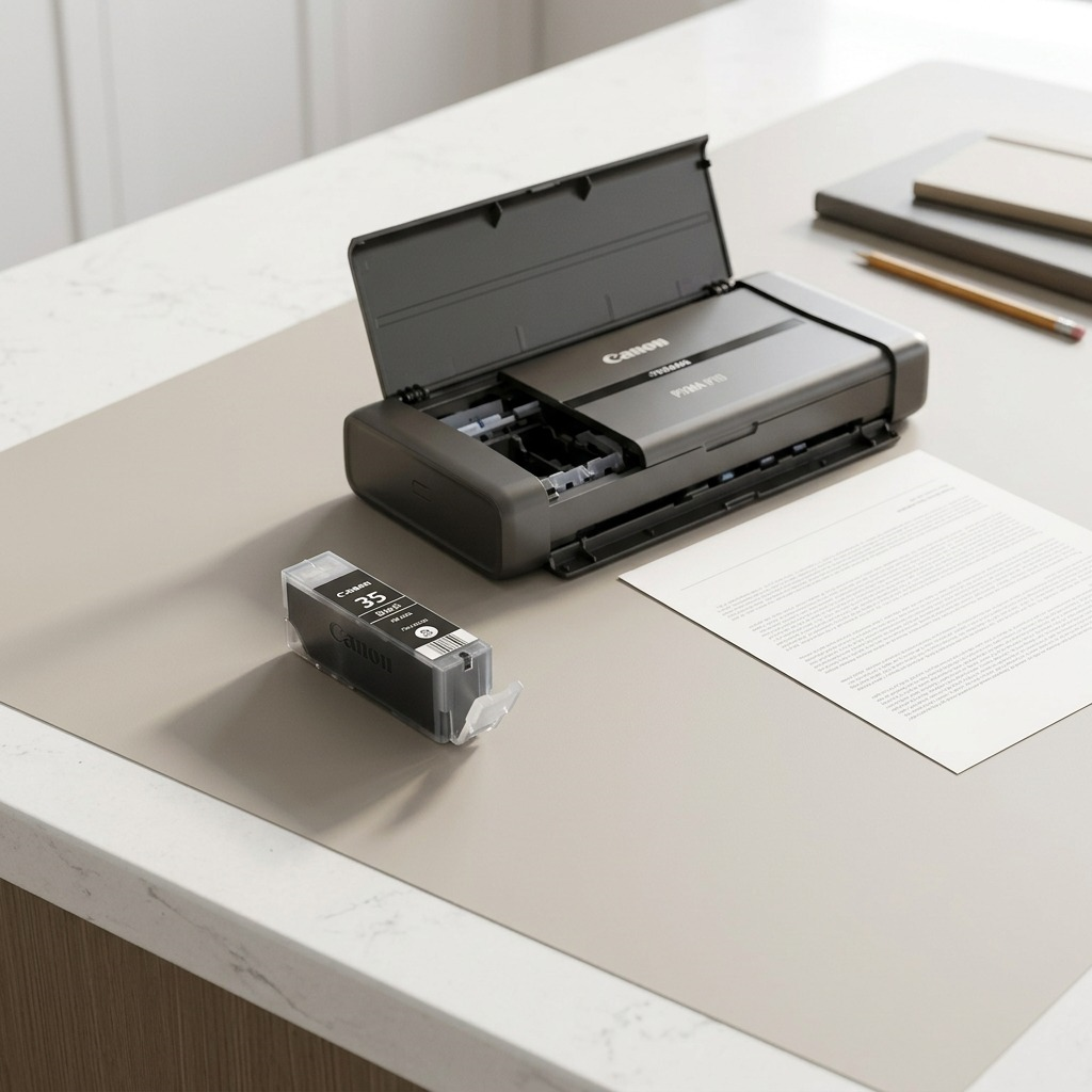 A high-angle photo of a Canon PGI-35 Black ink tank resting on a clean white desk, positioned next to a Canon Pixma iP110 portable printer with its top cover slightly propped open, ready for use, with a blank sheet of paper and a closed notebook in the background. The ink tank label is clearly visible. The lighting is soft and natural. The packaging is not in view.