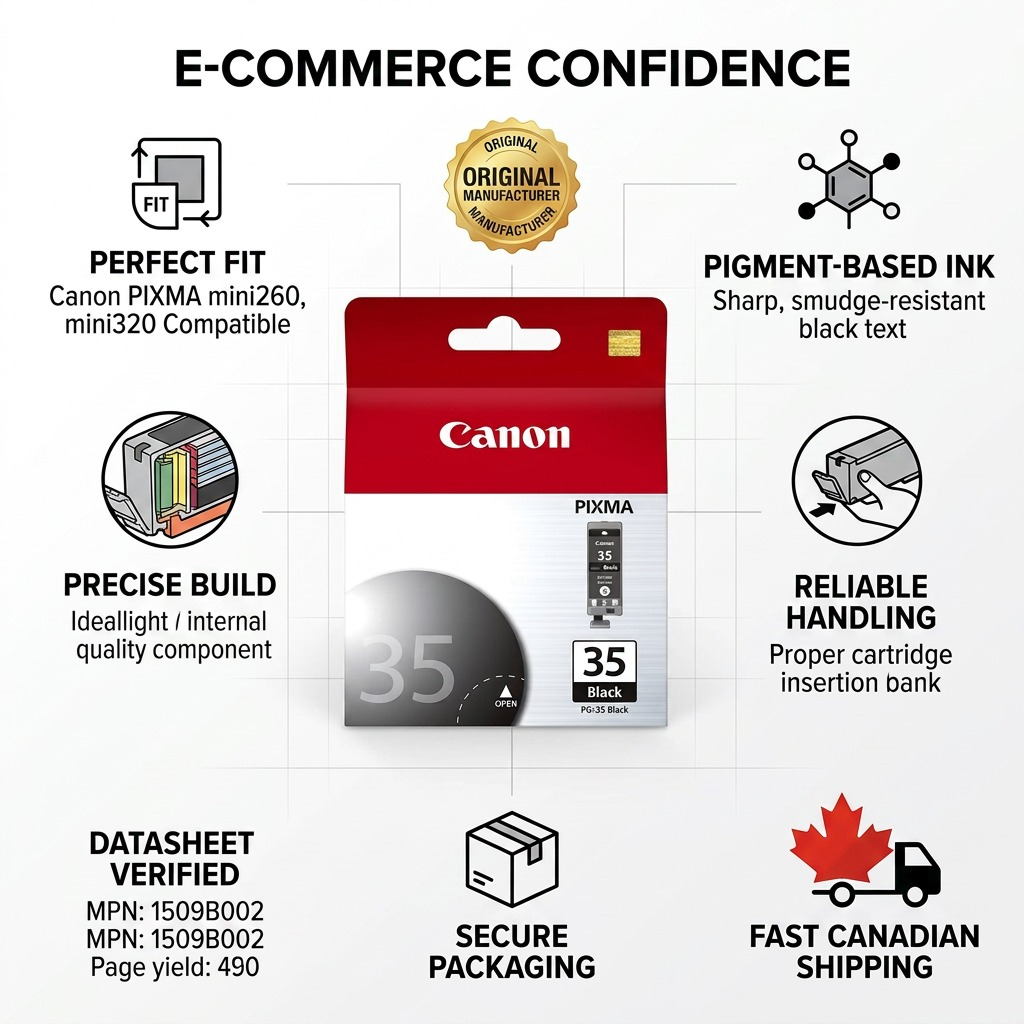 A factual e-commerce infographic highlighting key specifications and features of the genuine Canon PGI-35 ink tank.