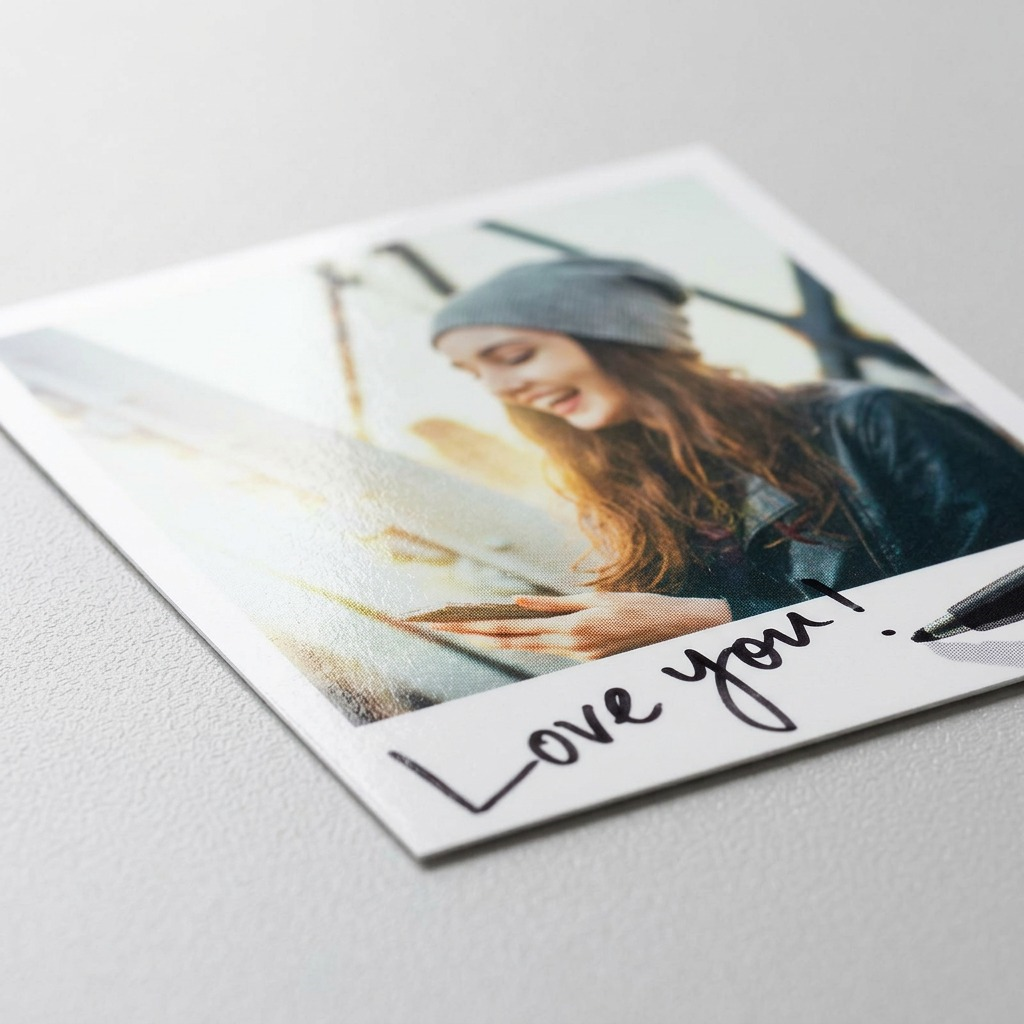 Close-up photo detailing a square SELPHY instant photo print with realistic grain, deep color, and handwritten text "Love you!", highlighting quality and personalization.