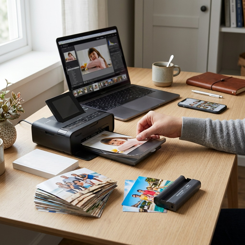 Lifestyle scene of a hand printing a 4x6 photo from a smartphone, with other printed photos, photo paper, and an ink sheet.