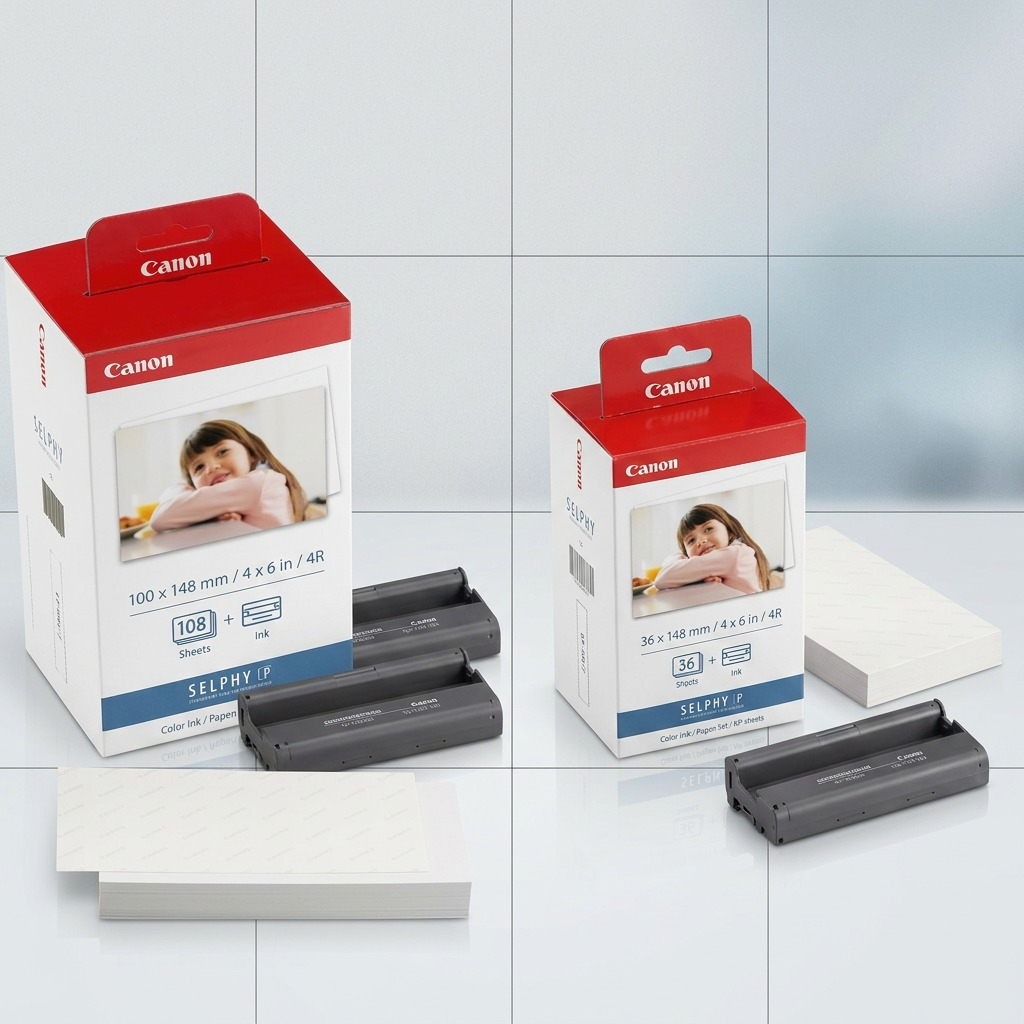 A configuration matrix image comparing different pack sizes of Canon KP-series ink and paper sets, with clean product clusters and distinct packaging.