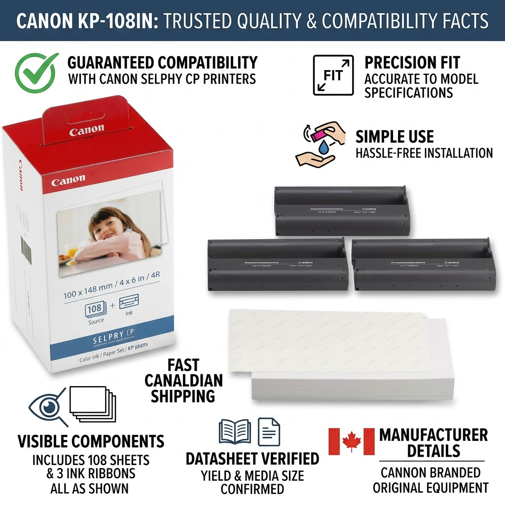 Infographic showing trust facts for the Canon KP-108IN ink & paper set with verified specs and components.