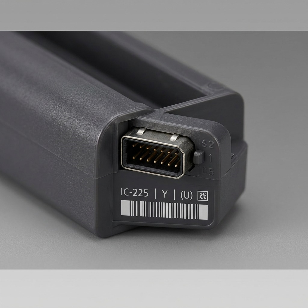 Macro of a Canon ink cartridge connector port, revealing internal contact pins and a partial model code.
