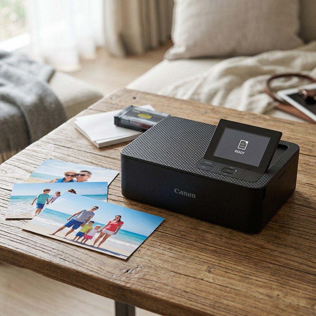 Lifestyle close-up of the Canon SELPHY CP1500 black printer, with its textured top and screen, on a rustic table showing a freshly printed photo.