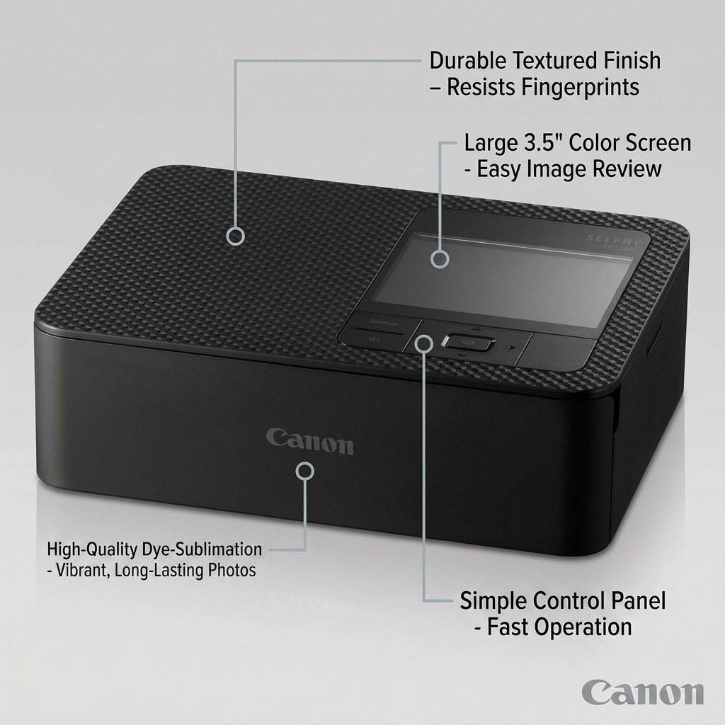 Operational features matrix for Canon SELPHY CP1500 compact printer over clean grey background.<ctrl46>Operational features matrix for Canon SELPHY CP1500 compact printer over clean grey background.