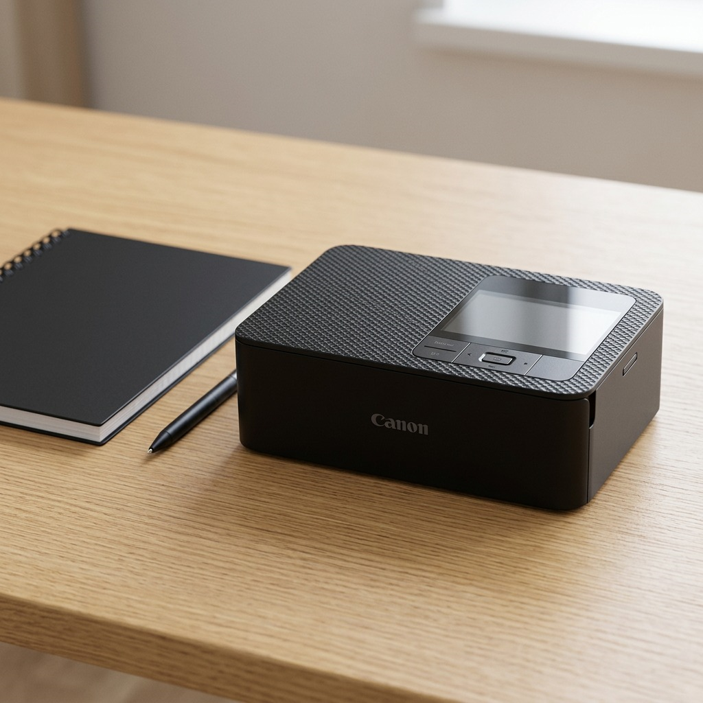 A high-resolution product photo of the black Canon SELPHY CP1500 wireless compact photo printer placed on a light wood desk, right beside a common black, coiled spiral-bound notebook and a pen, illustrating its actual, portable scale for home and mobile use.