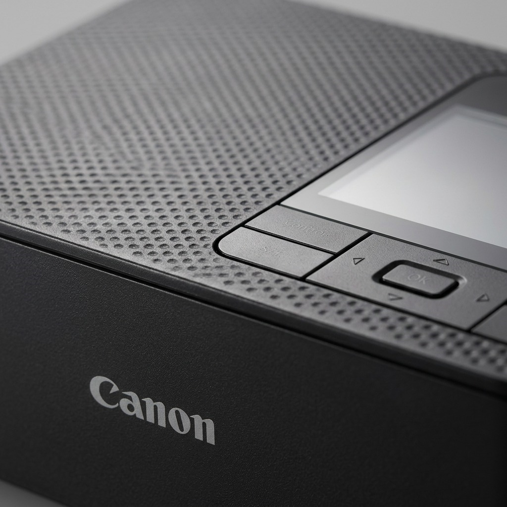 A macro photo of the textured surface, screen, and buttons on the Canon SELPHY CP1500.