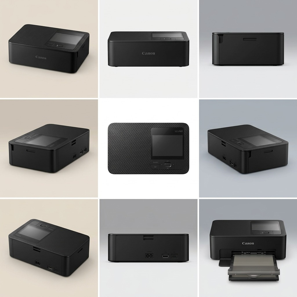 A matrix of nine images from various angles of the black Canon SELPHY CP1500 compact photo printer.