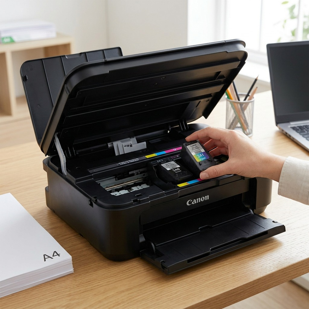 A photo of a Canon PIXMA TS-series printer with open covers, and a person's hand inserting the Canon CL-241 tri-color ink cartridge (SKU 5209B001) into the marked ink cartridge carriage slot, in a clean home office setting on a desk with a laptop and paper.