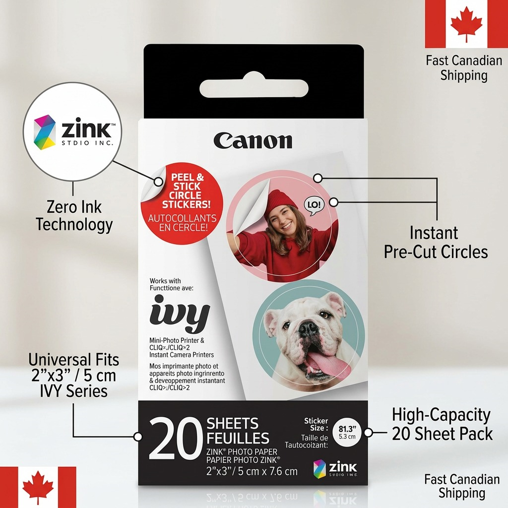 A clean product matrix image highlighting key features of the Canon ZINK Pre-Cut Circle Sticker Pack, including 20 sheets, ZINK Zero Ink technology, and precise pre-cut circle stickers.