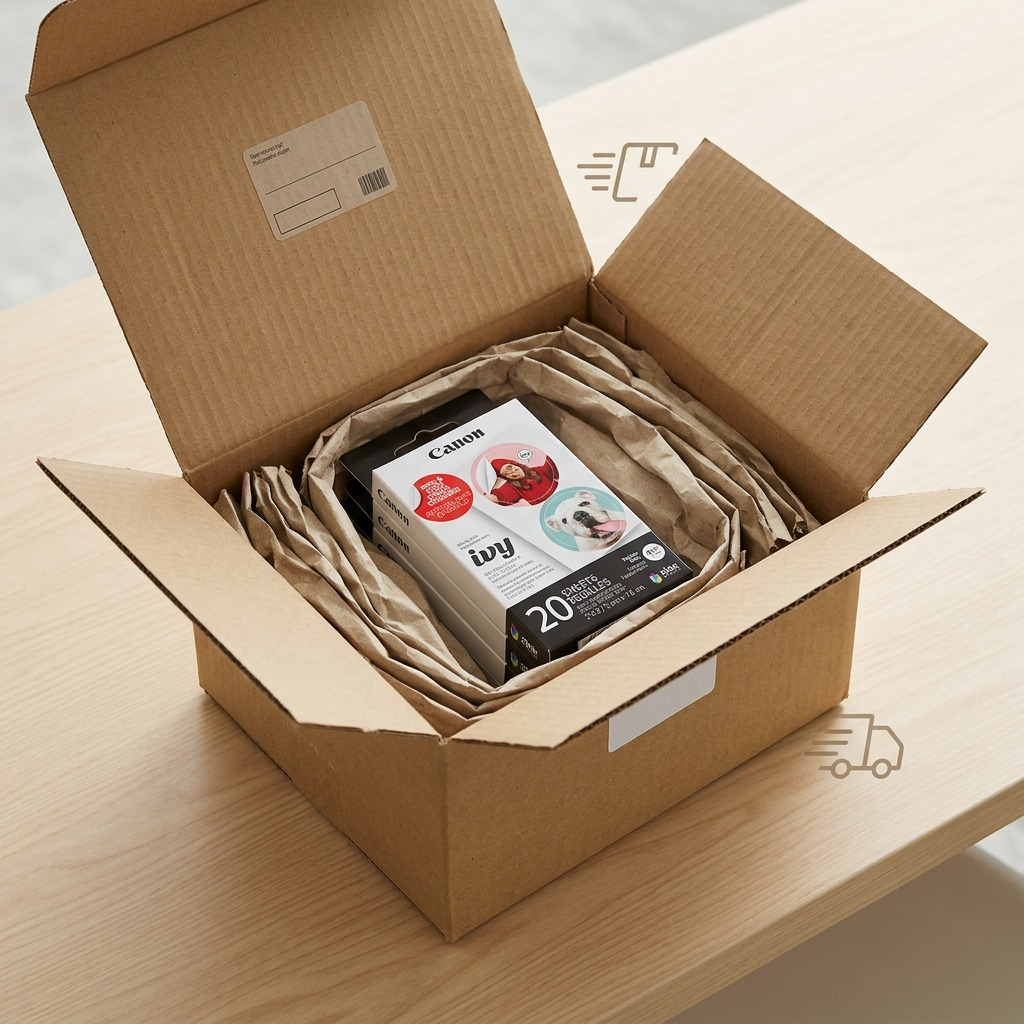 A high-resolution, three-quarter view from above, showing multiple identical Canon ZINK circle sticker paper packs stacked securely inside a slightly oversized shipping box lined with recyclable, recycled paper fill, near a delivery notification.