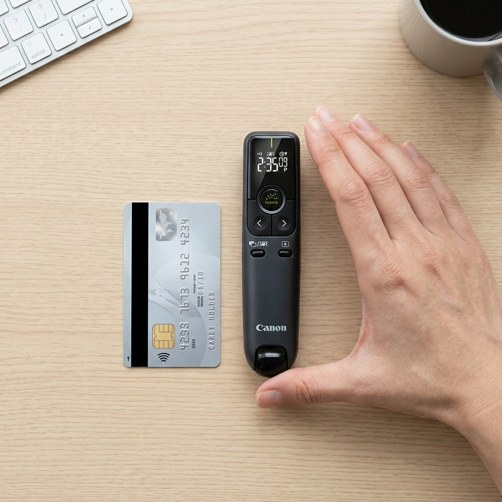 A photo of the Canon high-end presenter next to a credit card on a wood table, showing its compact size for presentations.