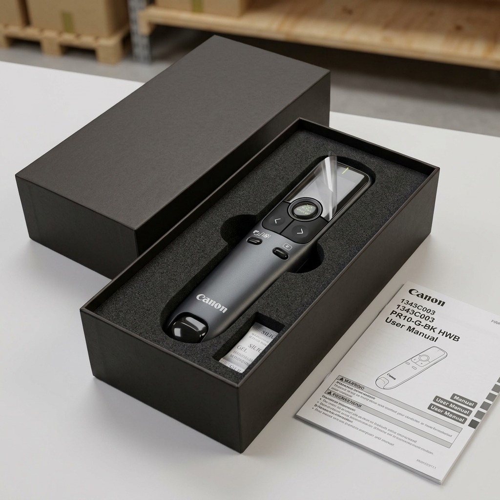 A high-resolution product shot shows the Canon PR10-G-BK presenter nestled securely in a custom dynamic foam insert, ready for shipment. It's surrounded by minimal, protective packaging in a clean cardboard box, with only the Canon logo and product markings visible, guaranteeing safe delivery.