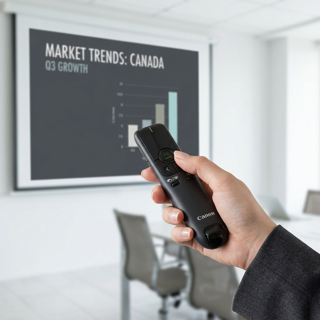 A presenter holds the Canon PR10-G wireless presenter in a conference room during a slide presentation.