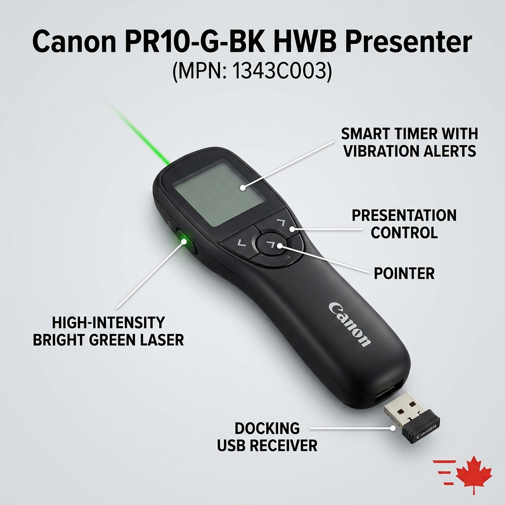 Feature diagram of the Canon PR10-G-BK presenter with annotations highlighting its green laser and key controls.